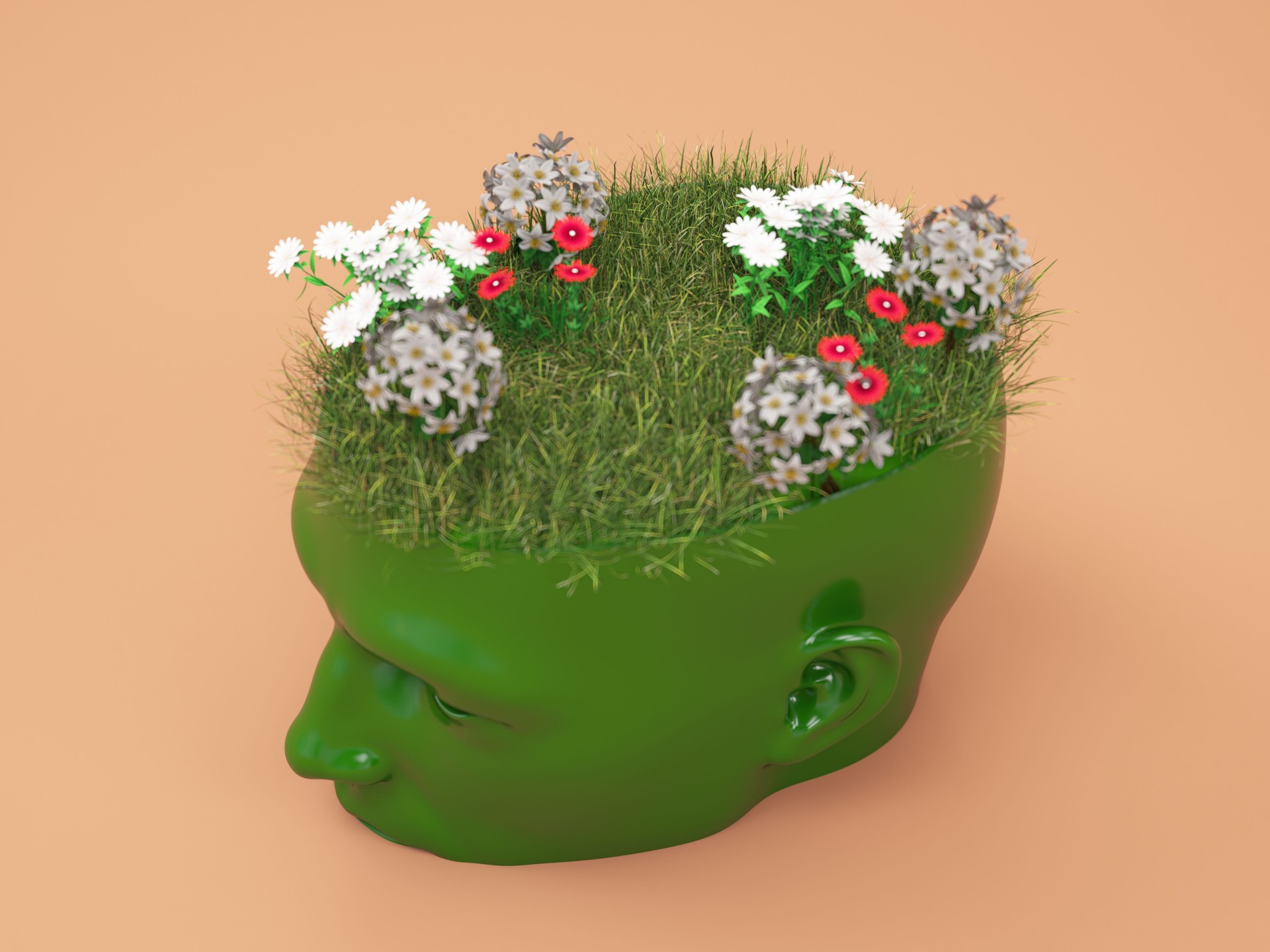 Piensa en el concepto de la naturaleza. Flores y hierba verde dentro de la cabeza humana